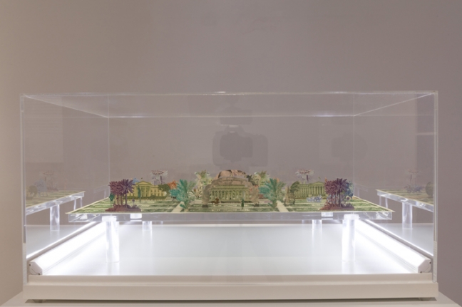 Abdullah M. I. Syed Moneyscape VI: Playground of Alternative Economies, 2017 Hand-cut and assembled various uncirculated banknotes in custom light-box vitrine 22h x 22w x 10d in