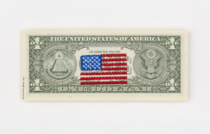 Abdullah M. I. Syed Money Flag: USA (1 US$ Verso), 2020 Machine embroidery on uncirculated 1 US Dollar bill 6.10h x 2.60w in