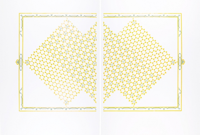 Abdullah M. I. Syed Illuminated Prisms Manuscript II: Page 3 - Recto/Verso, 2017 Hand-cut U.S. $1 banknotes collage and 24k gold on Illustration board 39.50 x 50 in
