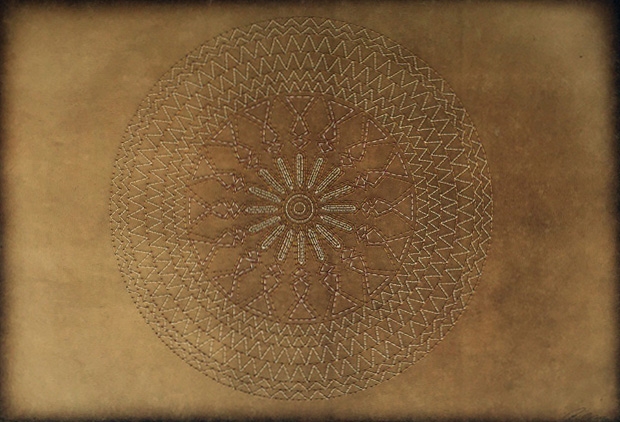 Anila Quayyum Agha Weight of Gold - 2 2016 Mixed media on paper (Gold and white thread with purple with gold beads on brown Korean hand-made paper) 24 x 35 in.