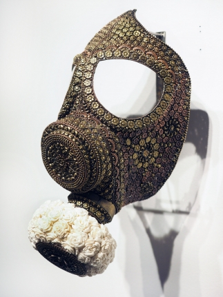 Promotesh Das Pulak Untitled (Gas Mask for the Rich & Famous), 2019 Brass, copper, shola flowers 12.50 x 6 in
