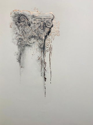 Najmun Nahar Keya Corinthian Dhaka (28) Charcoal, graphite, rabbit skin glue, gold, on Fabriano archival paper 28 x 20 2019