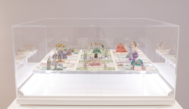 Abdullah M. I. Syed, Moneyscape V: Temenos, 2017, Hand-cut and assembled various uncirculated banknotes in custom light-box vitrine, 22 x 22 x 10 in