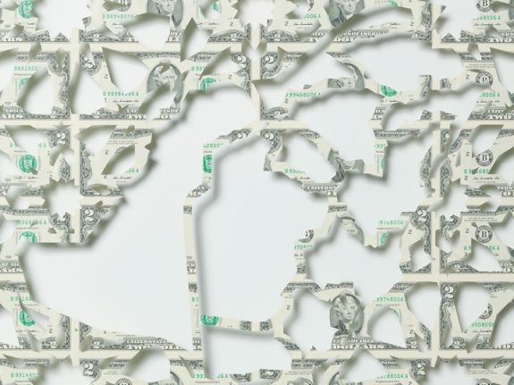 Abdullah M. I. Syed Mapping Investment: Saudi Arabia (Detail 2) 2017 Hand-cut U.S. $2 banknote sheet and banknote collage with acrylic on wasli 20.50 x 50.50 in