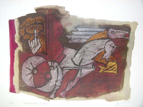 M F Husain SUDARSHAN CHAKRA (mahabharata series) Limited edition serigraph (edition of 350) individual serigraph $2,000; set of 3 $5,000 24 x 18 in.