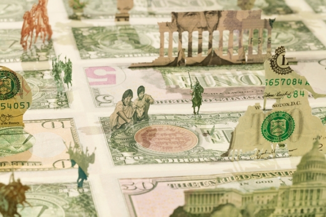 Abdullah M. I. Syed Moneyscape VI: Playground of Alternative Economies (Detail) 2017 Hand-cut and assembled various uncirculated banknotes in custom light-box vitrine 22 x 22 x 10 in