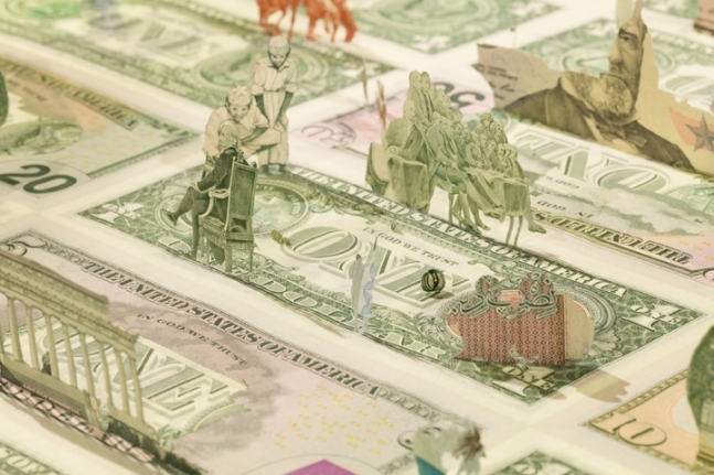 Abdullah M. I. Syed Moneyscape VI: Playground of Alternative Economies (Detail) 2017 Hand-cut and assembled various uncirculated banknotes in custom light-box vitrine 22 x 22 x 10 in