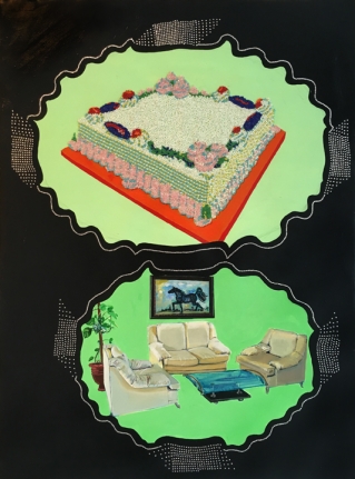 Saba Khan Cake in the Drawing Room with the Bad Painting, 2015 Crystals, beads and acrylic on canvas 30 x 22 in
