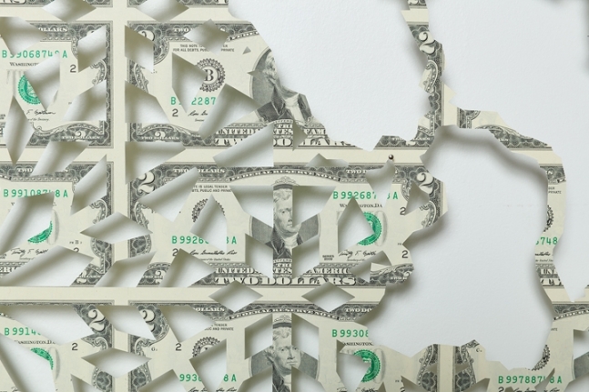 Abdullah M. I. Syed Mapping Investment: Afghanistan (Detail 1) 2017 Hand-cut U.S. $2 banknote sheet and banknote collage with acrylic on wasli 20.25 x 50.25 in