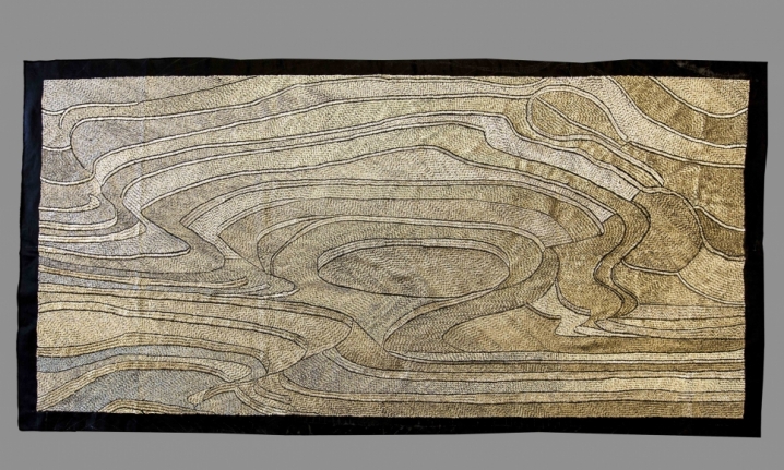 Revati Singh A Homage to the Vanishing Paddy Fields 2016 Black cotton cloth, handmade silver grains 71.6 x 35.8 in.