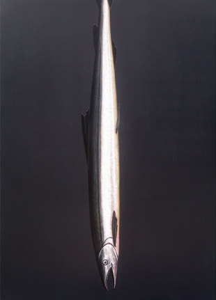 Long yet skinny fish painted in the center, along the vertical axis, using impasto technique.