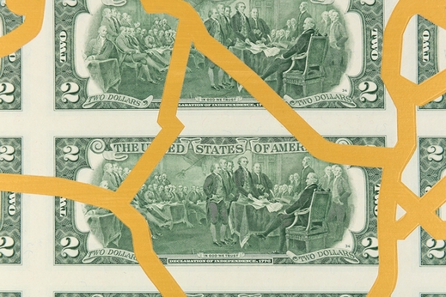 Abdullah M. I. Syed Mapping Investment: Syria (Detail 2) 2017 Hand-cut U.S. $2 banknote sheet and banknote collage with acrylic on wasli 20.25 x 50.25 in