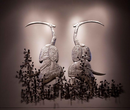 Adeela Suleman MUBARIZUN - NO MORE SERIES 3 2014 Hand-beaten stainless steel and iron 106 x 104 in.