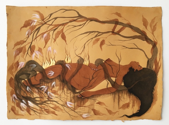 Hiba Schahbaz Untitled 2016 Tea and watercolor on paper 22.5 x 31.5 in.
