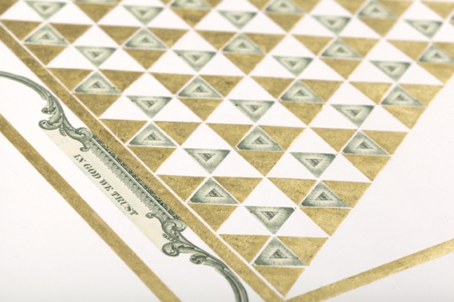 Abdullah M. I. Syed Illuminated Prisms Manuscript I: Pgs. 1 & 2 (Detail) 2017 Hand-cut U.S. $1 banknotes collage and 24k gold on Illustration board 22.75 x 30 in