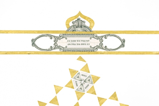 Abdullah M. I. Syed Illuminated Prisms Manuscript II: Page 3 - Recto/Verso (Detail) 2017 Hand-cut U.S. $1 banknotes collage and 24k gold on Illustration board 39.50 x 50 in