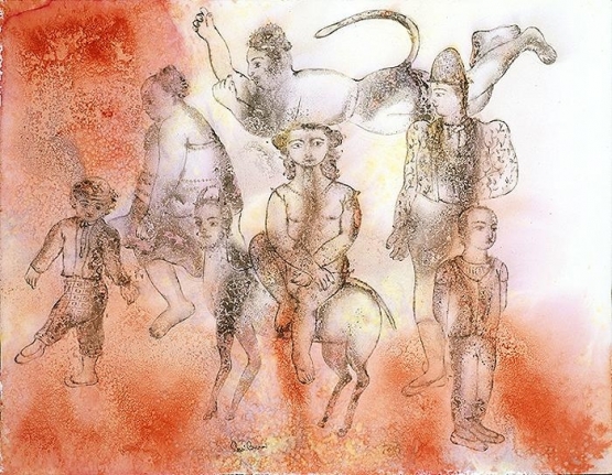 Sakti Burman HANUMAN WITH THE COMEDIANS 2008 Watercolor on paper 20 x 25.5 in.