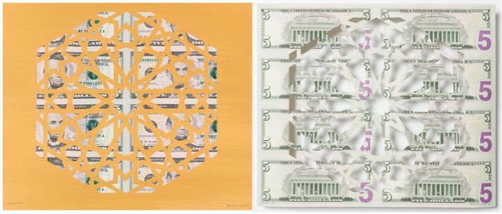 Abdullah M. I. Syed Divine Structure: Hexagon, 2017 Hand-cut U.S. $5 banknote sheet and banknote collage with acrylic on wasli 10.25 x 24.50 in