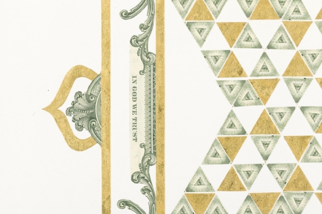 Abdullah M. I. Syed Illuminated Prisms Manuscript I: Pg. 5 (Detail) 2017 Hand-cut U.S. $1 banknotes collage and 24k gold on Illustration board 22.75 x 15 in