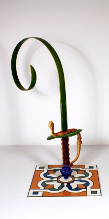 Adeela Suleman KAR WA FARR SERIES 6 2014 Hand-painted steel sword, iron and metal tile with enamel paint 20 x 12 x 9 in.