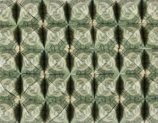 Abdullah M. I. Syed Topography (Detail) 2017 Folded U.S. $1 banknotes and staple pins 24 x 24 x 2 in