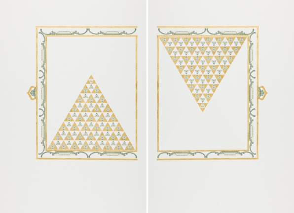 Abdullah M. I. Syed Illuminated Prisms Manuscript I: Pgs. 1 & 2, 2017 Hand-cut U.S. $1 banknotes collage and 24k gold on Illustration board 22.75 x 30 in