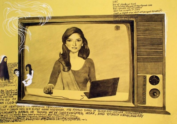 Salman Toor NEWSCASTER I 2014 Charcoal, chalk and marker on paper 20 x 26 in.