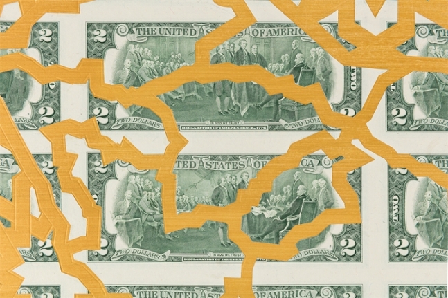 Abdullah M. I. Syed Mapping Investment: Saudi Arabia (Detail 1) 2017 Hand-cut U.S. $2 banknote sheet and banknote collage with acrylic on wasli 20.50 x 50.50 in