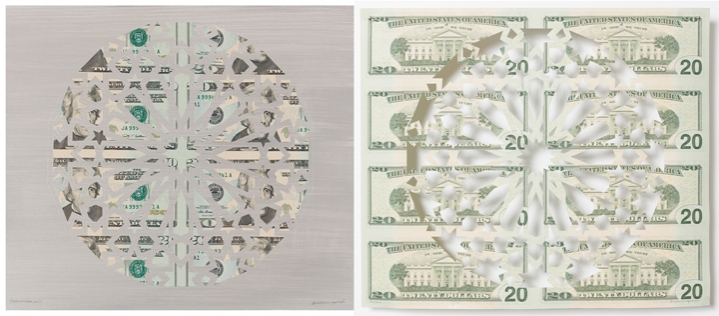 Abdullah M. I. Syed Divine Structure: Hexakaideca, 2017 Hand-cut U.S. $20 banknote sheet and banknote collage with acrylic on wasli 10.25 x 24.50 in