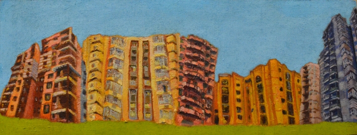 Veera Rustomji, Real Estate Dreams, 2018, Oil on jute, 12 x 30 in