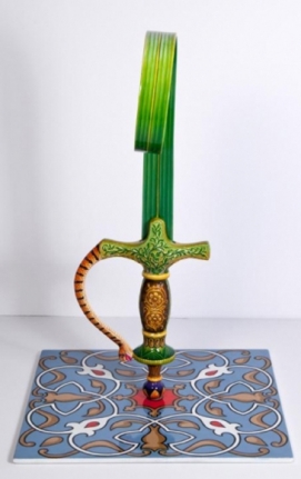 Adeela Suleman Kar Wa Farr Series 1 2014 Hand-painted steel sword and ceramic tile 14 x 12 x 9 in.