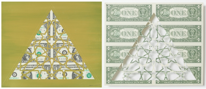 Abdullah M. I. Syed Divine Structure: Triangle, 2017 Hand-cut U.S. $1 banknote sheet and banknote collage with acrylic on wasli 10.25 x 24.50 in