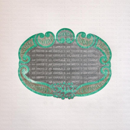 Abdullah M. I. Syed, I am Brute I am Gentle: A page from Brut-Nama, 2013, Graphite, chalk pastel, and typed on Canson paper, 11 x 11 in