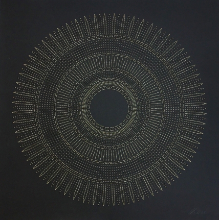 Anila Quayyum Agha Circle the Kaaba (Tan) 2016 Mixed media on paper (Black and copper beads and embroidery on black paper) 29 x 29 in.