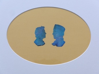 Abdullah M. I. Syed Rose Petal Portraits: Silhouettes 23-24 – The Artist and Jinnah, 2019 Hand-cut rose petals on archival metallic paper and clear acetate 12 x 16 in