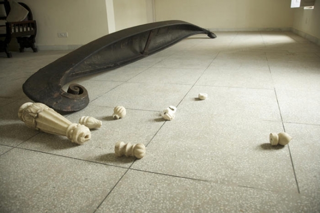 GR Iranna THE BOAT ON HUNGER STRIKE 2008 Wood, marble, cotton and metal 228 x 72 x 24 in.