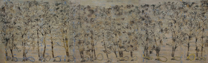 G. R. Iranna, Planted Trees, 2015, Acrylic on tarpaulin, 66 x 216 in
