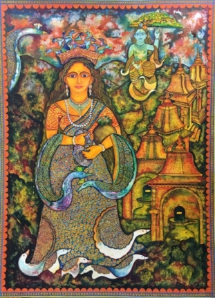 Jayashri Burman Draupadi and Krishna 2017 Watercolour on board 84 x 60 in.