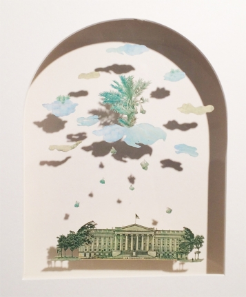 Abdullah M. I. Syed Heavenly Offerings - I (Assembly Series), 2016 Hand-cut 10 and 20 UAE Dirham banknotes and U.S. $50 and $100 bills in shadow-box 10.75h x 12.50w in