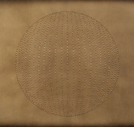 Anila Quayyum Agha Catching The Light - Red 2016 Mixed media on paper (Red, gold and black metallic thread and red and gold beads on brown Korean hand-made paper) 24 x 25 in.