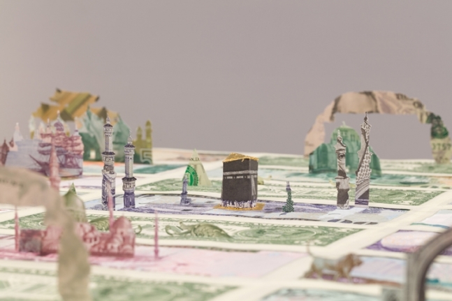 Abdullah M. I. Syed Moneyscape V: Temenos (Detail) 2017 Hand-cut and assembled various uncirculated banknotes in custom light-box vitrine 22 x 22 x 10 in