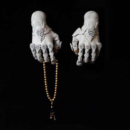 Saks Afridi, A.N.G.E.L.S. Hands, 2019, 3D printed acrylic, paint, and brass leaf 12 x 6 in