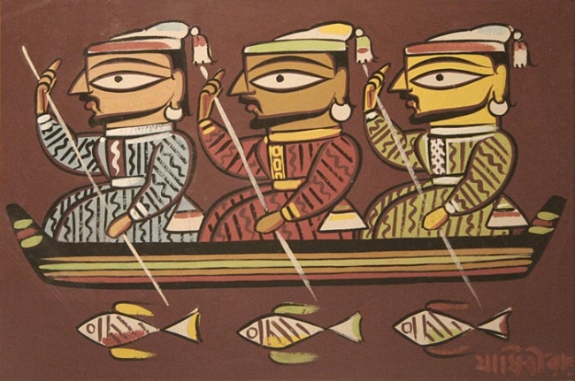 Jamini Roy UNTITLED (THREE BOATMEN) Gouache on card 13.5 x 20 in.