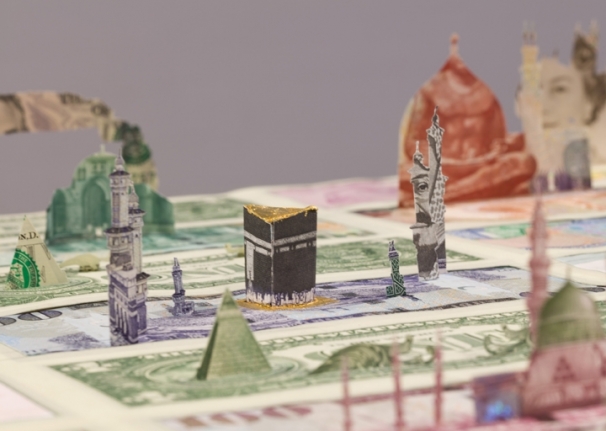 Abdullah M. I. Syed Moneyscape V: Temenos (Detail) 2017 Hand-cut and assembled various uncirculated banknotes in custom light-box vitrine 22 x 22 x 10 in