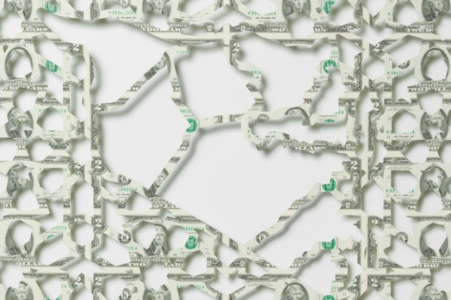 Abdullah M. I. Syed Mapping Investment: Syria (Detail 1) 2017 Hand-cut U.S. $2 banknote sheet and banknote collage with acrylic on wasli 20.25 x 50.25 in