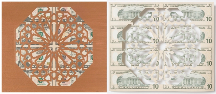 Abdullah M. I. Syed Divine Structure: Octagon, 2017 Hand-cut U.S. $10 banknote sheet and banknote collage with acrylic on wasli 10.25 x 24.50 in