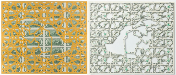 Abdullah M. I. Syed Mapping Investment: Saudi Arabia, 2017 Hand-cut U.S. $2 banknote sheet and banknote collage with acrylic on wasli 20.50 x 50.50 in