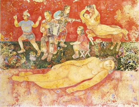 Sakti Burman REVE DIVERS 2008 Oil on canvas 35 x 45.5 in.