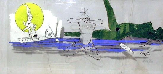 M.F. Husain YOGIC POSE 1974 Acrylic on plastic/glass 24 x 53 in.