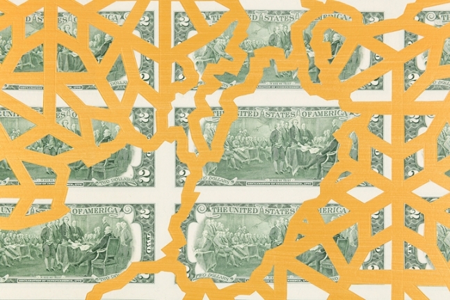 Abdullah M. I. Syed Mapping Investment: Pakistan (Detail 1) 2017 Hand-cut U.S. $2 banknote sheet and banknote collage with acrylic on wasli 20.25 x 50.25 in.